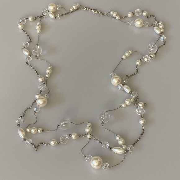 Necklace Two Strands Satellites Faux Acrylic Pearls & Beads Silver Tone 38” - Picture 6 of 11